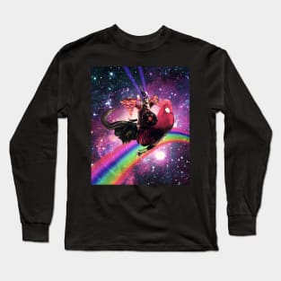 Lazer Warrior Space Cat Riding Chicken With Pizza Long Sleeve T-Shirt